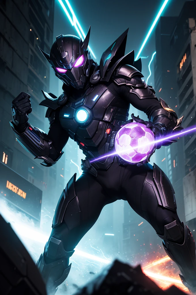 "Create an epic image of a battle in a futuristic and chaotic setting. A powerful villain, muscular, with purple skin and golden armor, wielding a gauntlet with glowing stones and launching an energy attack. A legendary soccer player, athletic, wearing a red soccer jersey and white shorts, about to kick an energy sphere. A visionary artist, wearing a futuristic mask and all-black clothing, holding a glowing energy sword and launching towards the villain with an aura of electricity. The background is chaotic, with debris from futuristic buildings and a stormy sky, highlighting the intense action of the battle."