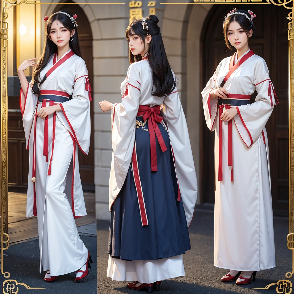 (masterpiece, best quality), ultra detailed, high resolution, 16k, the most beautiful face in the world, perfect face, delicate facial features, highly detailed beautiful face and eyes, shiny skin, highly detailed background, elaborately designed, fine cloth texture, perfect anatomy, BREAK, (gorgeous and stunning age girl in hanfu:1.2), perfect make-up, deeply in love, full of elegance, (full body:1.5), (three view drawing, front and back and side, character sheet:1.3)