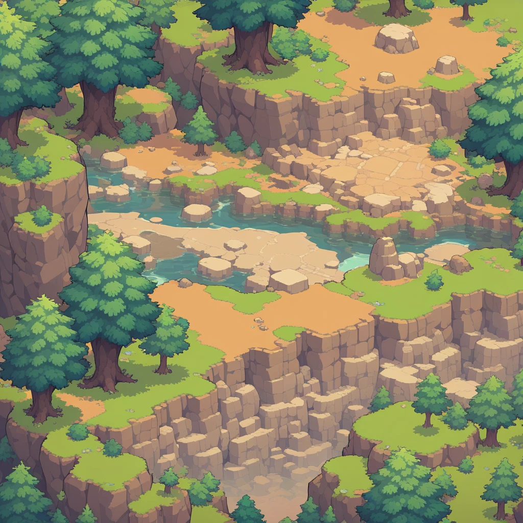 retro video game style,pixelated pastel colors,8-bit characters,blocky shapes,sharp lines,detailed shading,classic gaming vibe,nostalgic atmosphere,classic arcade games,masterpiece:1.2,ultra-detailed,illustration style, 2d texture, stone texture, 4 k seamless mud texture, video game texture, dirt texture, tileset, game tiles, grass, 3/4th perspective trees, cliff formation tileset, cliff texture tileset, 3/4th perspective forest, topdown view, game texture, game art, dirt, , tileable texture, top down view, 3/4th perspective