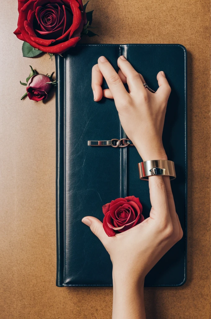 Cover of a book where one hand has a rose and another hand has handcuffs
