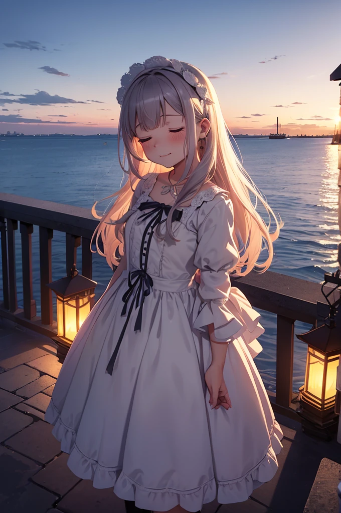 twilight, nightfall, tall lanterns, dusk sea on the background, lighthouse far away, city garden, beautiful, masterpiece, 1-girl, teen aged, long lolita style white dress, happy face, closed eyes, blush on the cheeks, A hand is outstretched towards me, very long fair hair, high black leather boots