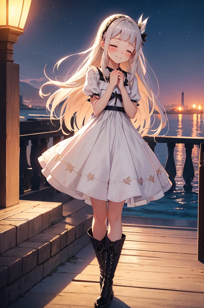 twilight, nightfall, tall lanterns, dusk sea on the background, lighthouse far away, city garden, beautiful, masterpiece, 1-girl, teen aged, long lolita style white dress, happy face, closed eyes, blush on the cheeks, A hand is outstretched towards me, very long fair hair, high black leather boots