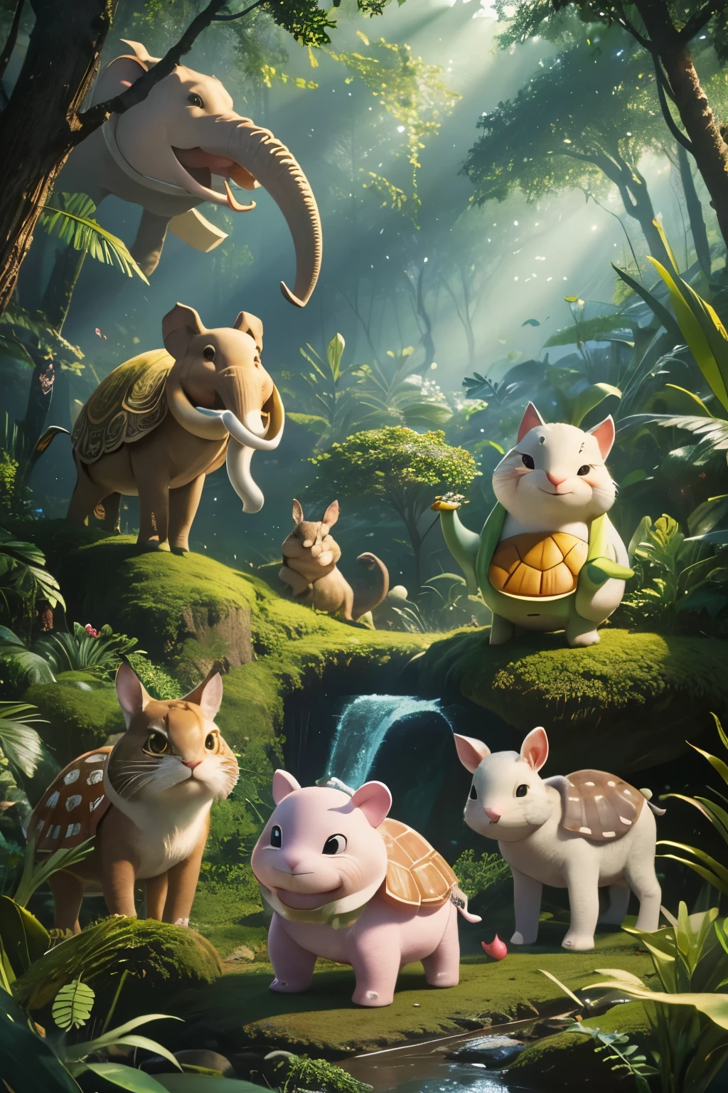 A playful and charming group of Pixar-inspired animals, their original characteristics subtly altered, are gathered together in a lush, vibrant forest. The once-distinct animal features have been blurred, as if embracing a new, harmonious blend. One can still discern hints of their original forms, such as a hint of elephant's trunk on a rabbit or a turtle's shell on a deer, adding a whimsical twist to their new appearances. The animals, in various poses, chat and play, their laughter echoing through the forest, bringing a sense of joy and wonder to the serene woodland scene.