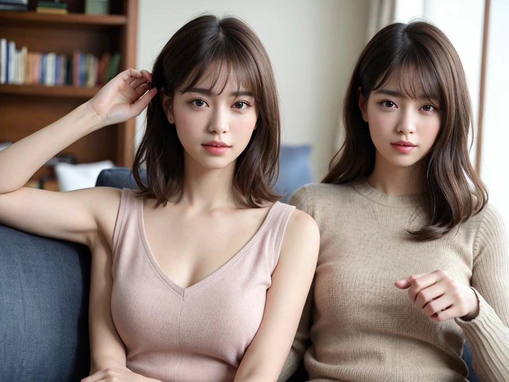 (Sleeveless:1.3) Very sexual body 、
Put your hair up to reveal a sexy nape or neck 、beautiful, thin, Fair Arms Pureeros (super highest quality:1.3) (Very realistic, Realistic:1.3), (Sharp focus:1.3) Pure (Sharp focus:1.3) Wide background々Luxurious living room Bookshelf 3D Beautiful gradients A happy and kind smile Very high quality and stylish See-through bangs Elegant and intelligent Clean and stylish Excellent Education Women's Fashion Magazine model (Realistic and very high quality:1.3). (High resolution/High resolution:1.3) Tabletop, Very delicate and beautiful, Soft Light, (Brown Hair, Shoulder-length straight bob hair) Beautiful detailed girls, Highly detailed eyes and face, beautifully detailed nose, thin and beautiful eyes, 1 girl, Japanese, Pureな beauty, cute, young, Very stylish A spring sweater in spring-like colors Very stylish Supported by women Trending Fashion , (Medium Chest), Realistic Face, Realistic body,