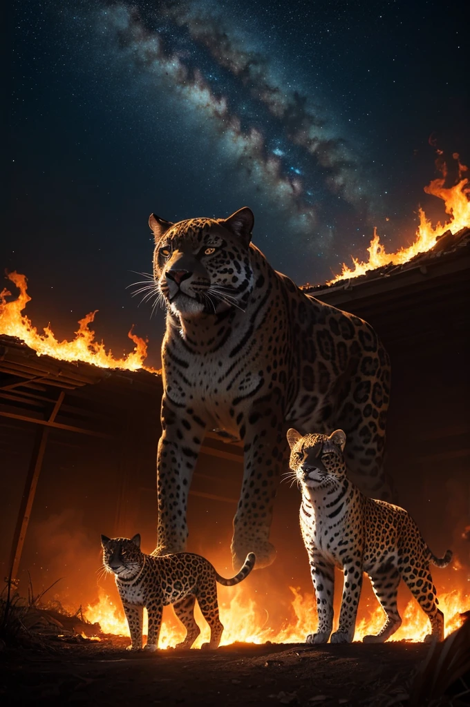 Imagine a majestic jaguar, with his sleek, muscular body covered in a pattern of black spots on a golden background. She is in a vigilant pose, with your piercing eyes fixed on something far away. The jaguar is in the middle of the Pantanal, surrounded by lush vegetation that is now on fire.Orange and red flames rise around her, lighting up the night sky with an ominous glow. Thick smoke rises in spirals, creating a dramatic contrast with the darkness of the starry sky. The jaguar remains firm, a symbol of resistance and strength in the midst of destruction.