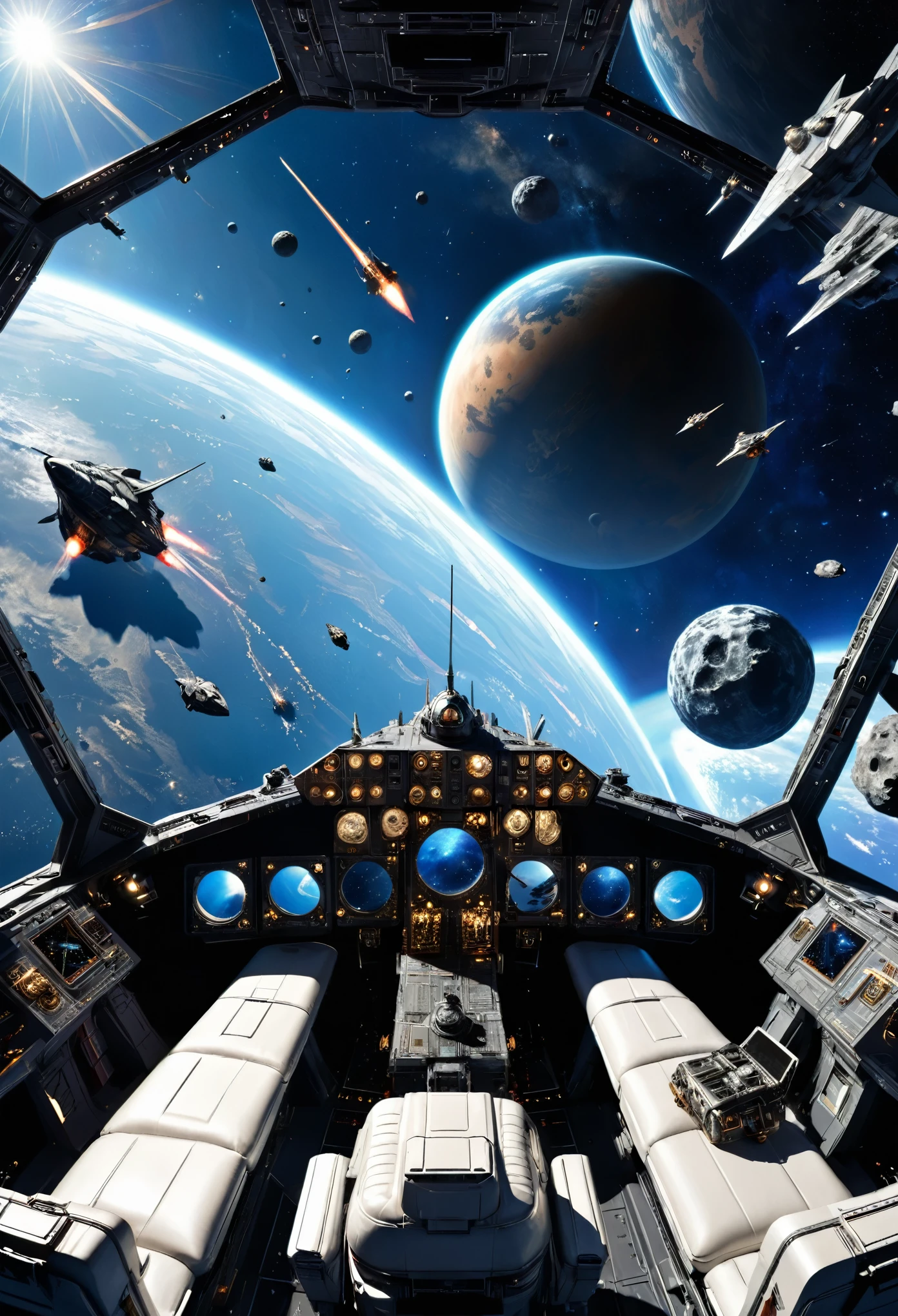 universe，Fighter，Space Battleship，Planet，planet，Meteorites，First Perspective，Looking out from the cockpit