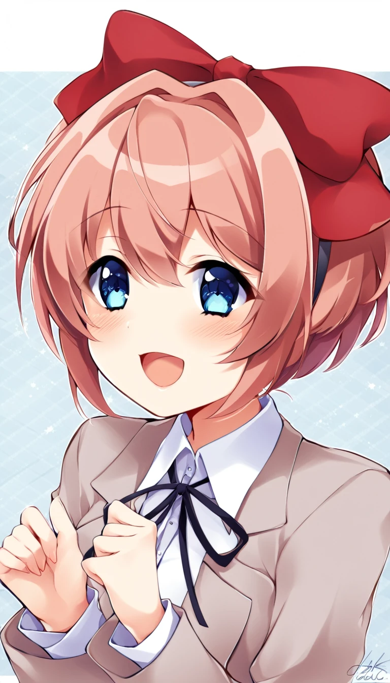 one girl, Sayori, DDLC, Doki Doki Literature Club , cheerful girl, hair bow, cute, open mouth, cute pose, light blue eyes, careless girl, my best friend, smile cutely, feel happy, boyish