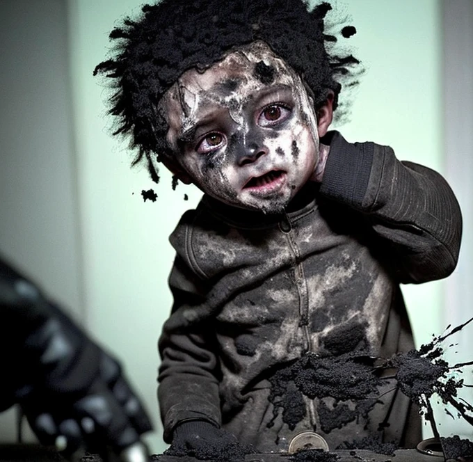 A little boy is electrocuted and left battered and covered in soot after a failed experiment in a comedy movie