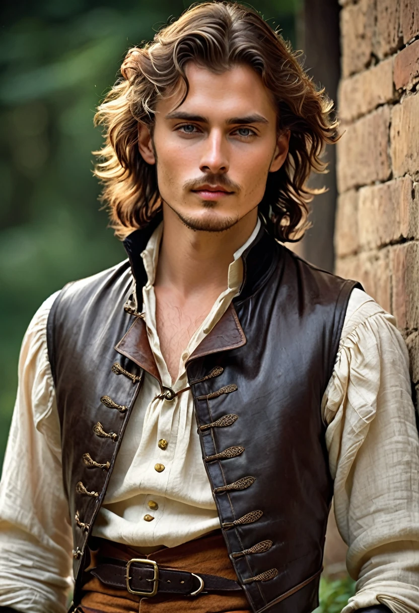 count, 25 years old. He favored loose, fine linen shirts and breeches that allowed him ease of movement, often in earthy tones to contrast his wild nights. A leather vest, adorned with metal fastenings, often replaced the heavy doublet, and his boots, though less polished, were of the finest craftsmanship. His hair, free and flowing. .by OlchaS,hot, 4k ultradetailed,steamy, expressive, emotional,