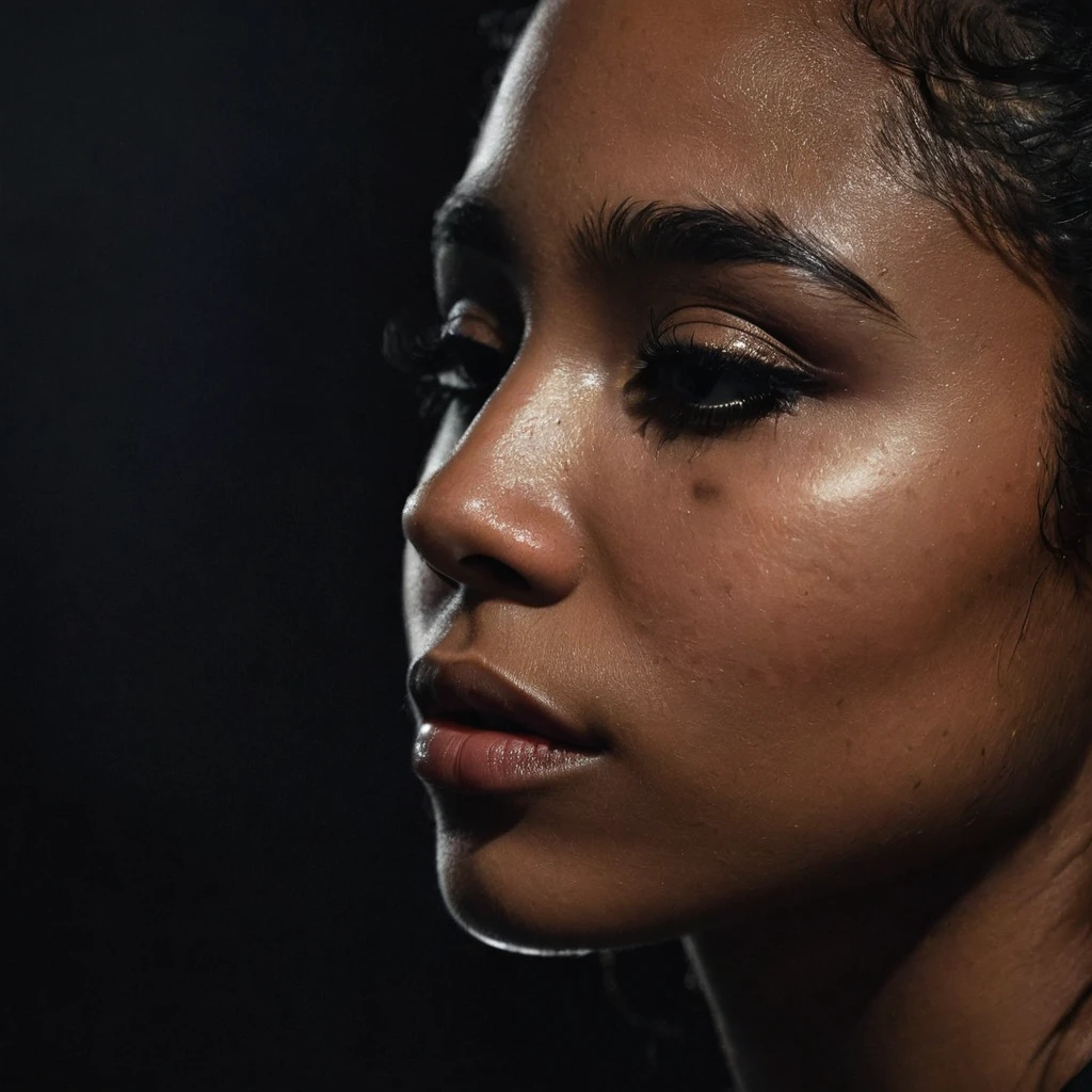 close up and zoomed in on a beautiful depressed very sad emotional sad crying black girl and a black background, sad, depressed, emotional, close up on side profile only showing cheek and eyelight falling on face, noir photorealism, mysterious portrait of a woman, chiaroscuro portrait, close up on side profile, tinashe, zoe kravitz, zoomed in on tear drop, euphoria vibes, black and white, dark