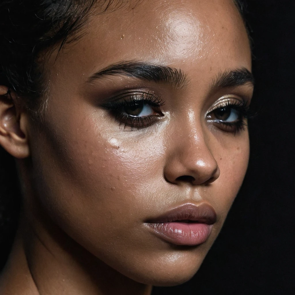 close up and zoomed in on a beautiful depressed very sad emotional sad crying black girl and a black background, sad, depressed, emotional, close up on side profile only showing cheek and eyelight falling on face, ???? photorealism, mysterious portrait of a woman, chiaroscuro portrait, close up on side profile, tinashe, zoe kravitz, zoomed in on tear drop, euphoria vibes, black and white, dark