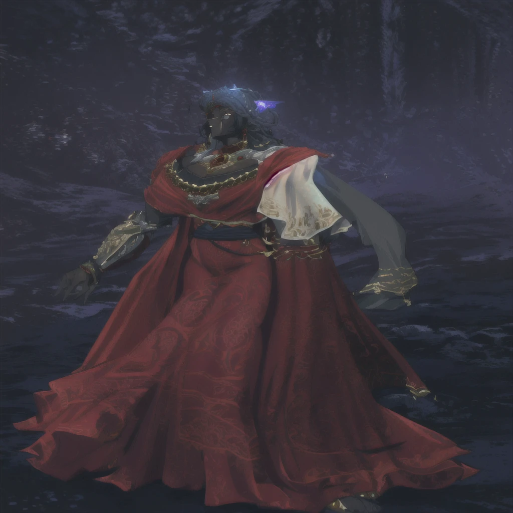 arafed image of a woman dressed in a red dress and gold jewelry, a very beautiful berserker woman, dark skin female goddess of love, ornate attire, crimson attire, darkpowerful elegant, full dress of lava showcase, female revenant, ornate flowing robes, lunar themed attire, wearing cultist red robe, wearing gilded ribes, safi'jiiva armor