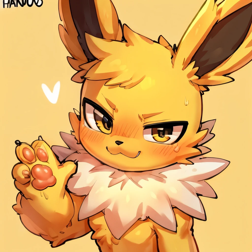 jolteon, made by hanuvo, masculine, looking at viewer, offering a paw to help the viewer get up, yellow electric background 