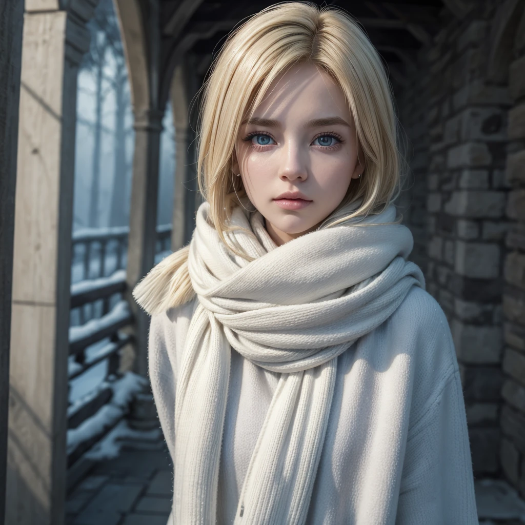 (1 woman,Blonde royal sister,Masterpiece,8k,bust,Best Quality,perfect quality),A modern style,((hands behind the back)),(short blond hair、dyed hair、Heavy winter clothing,white scarf,blue pupils behind the back)),The background is a dark castle.,oil painting style,Thick coating,thick lines,16k, ultra high definition, retina, Masterpiece, necessary, anatomically correct, Best Quality, high quality, textured skin.