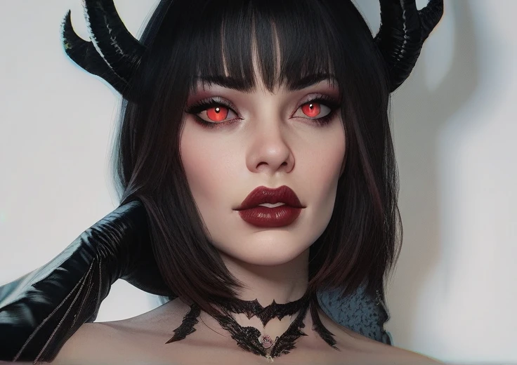 beautiful woman, devil woman, dark horns, reddish eyes, female beauty, HD quality, 4K quality, digital art.