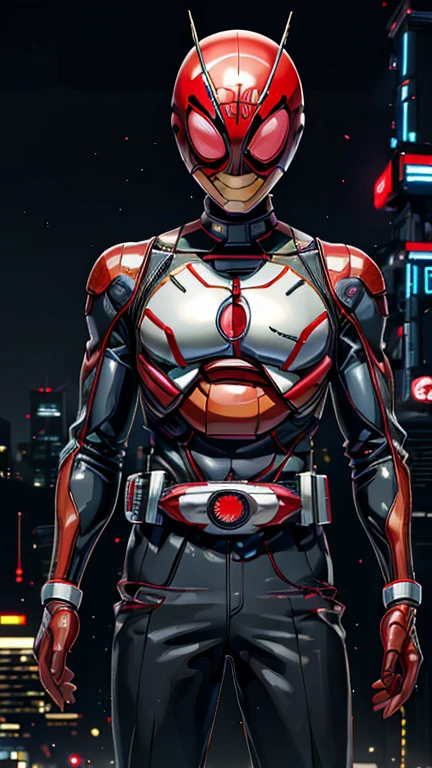 (8k),(masterpiece),(Japanese),(8-year-old boy),((innocent look)),((Childish)),From the front,smile,cute,Innocent,Kind eyes,Flat chest, red helmet, black domino mask, Spider-Man,bald,no Hair,night,dark, Neon light cyberpunk city,Kamen rider,camisa