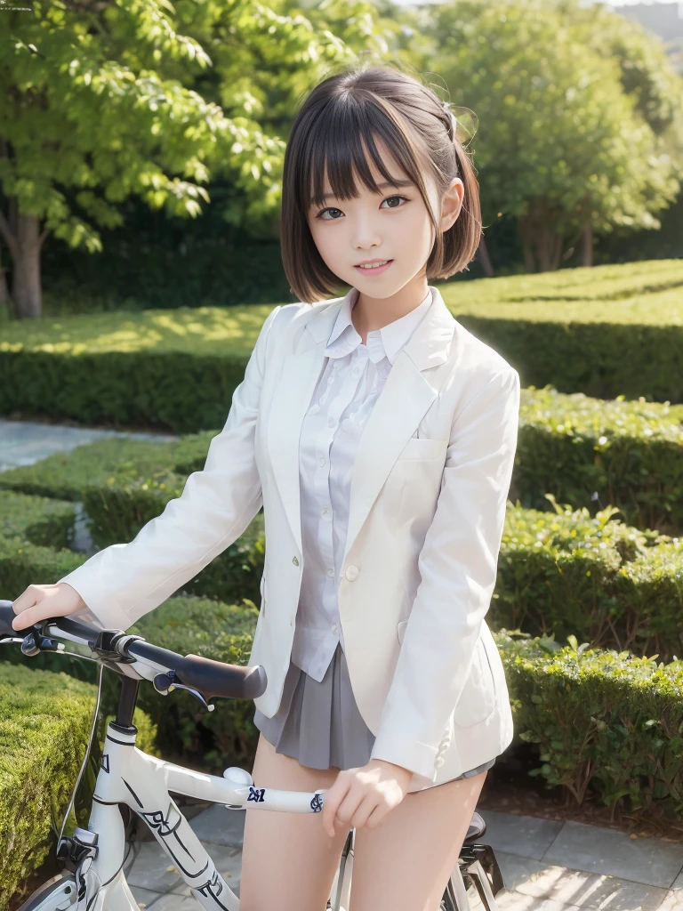 (masterpiece、Ultra-detailed、、Highest quality:1.5)、((wonderful))、smile、14-year-old idol high school girl、Short hair with bangs、uniform、((blazer))、White shirt、((Bicycle race))、garden