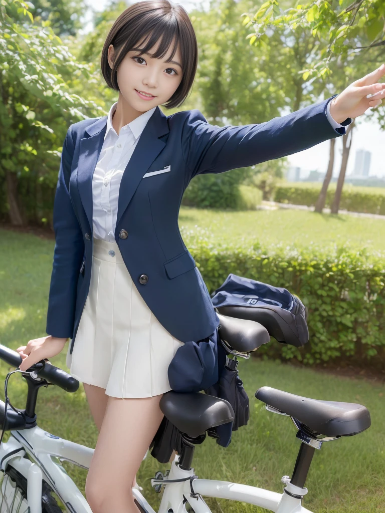 (masterpiece、Ultra-detailed、、Highest quality:1.5)、((wonderful))、smile、14-year-old idol high school girl、Short hair with bangs、uniform、((blazer))、White shirt、((Bicycle race))、garden