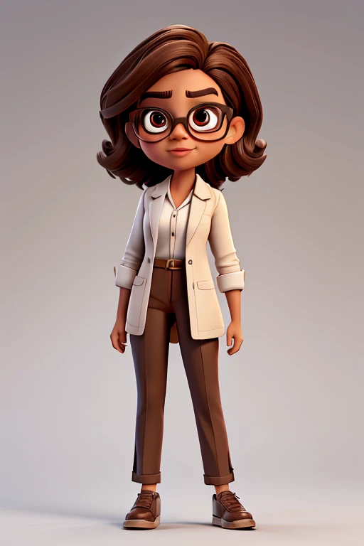 Create movie poster angry character from the movie fun , is a woman , fair brown-skinned, straight hair below the shoulders,thick lips, wears large square glasses with brown frames,eyes browns. Wear a white coat, wears brown pants, wear black low heel shoes, 
