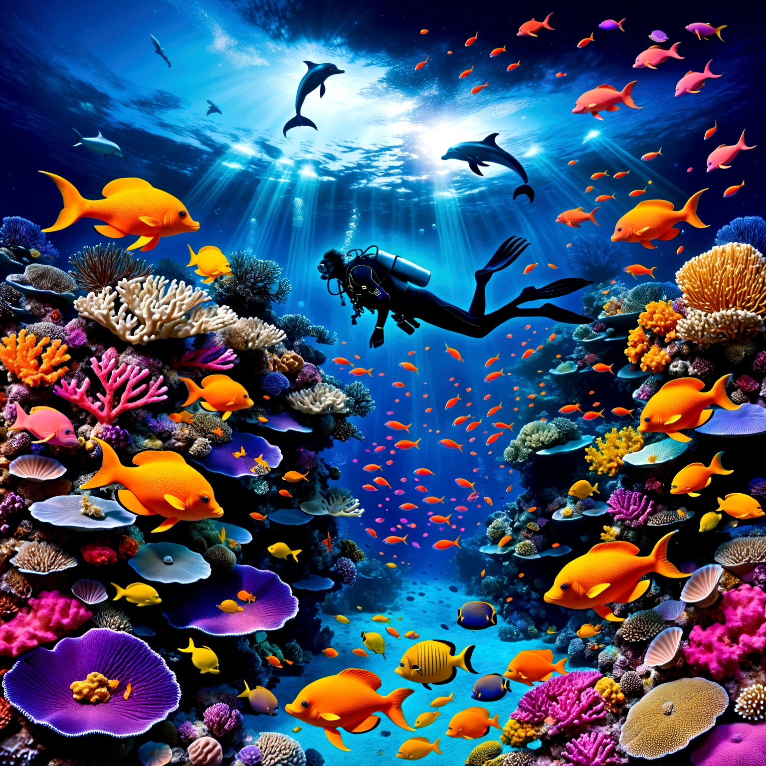 the image showcases a hyper-realistic and fantastical style, blending elements of underwater photography with digital art touches.(( A detailed diver in full gear explores a vibrant coral reef )), surrounded by multicolored fish that emit pulsating lights. (( Small bioluminescent creatures dance around the diver, leaving luminous trails behind them )). only one dolphin, gracefully leaping above the water toward the upper center of the image, leaves a trail of stardust in its wake. ( Ethereal bubbles reflecting the cosmic sky gently float around the underwater scene ), while bioluminescent orbs drift in the water, emitting a soft bluish light and creating mystical reflections. The dense and colorful coral reef occupies much of the center of the image, while the background shows a transition between the ocean and a spectacular starry sky, with luminous galaxies and nebulae. Silhouettes of mythical creatures, such as mermaids or aquatic dragons, can be seen in the background. The depth of field is vast, allowing for clear sharpness of both near and distant elements, giving a sense of immensity and depth to the image. Dominant colors include deep blues of the ocean, vibrant oranges and yellows of the fish, and purples and pinks of the galaxies and corals. These contrasting colors enhance the fantastical and dreamlike quality of the image. The composition follows a diagonal from the bottom left to the top right, guiding the viewer's eye from the diver and corals to the dolphin and the cosmic sky. This diagonal reinforces the dynamism of the scene. Finally, a shimmering mist envelops the scene, giving it an ethereal quality, almost like a dream.