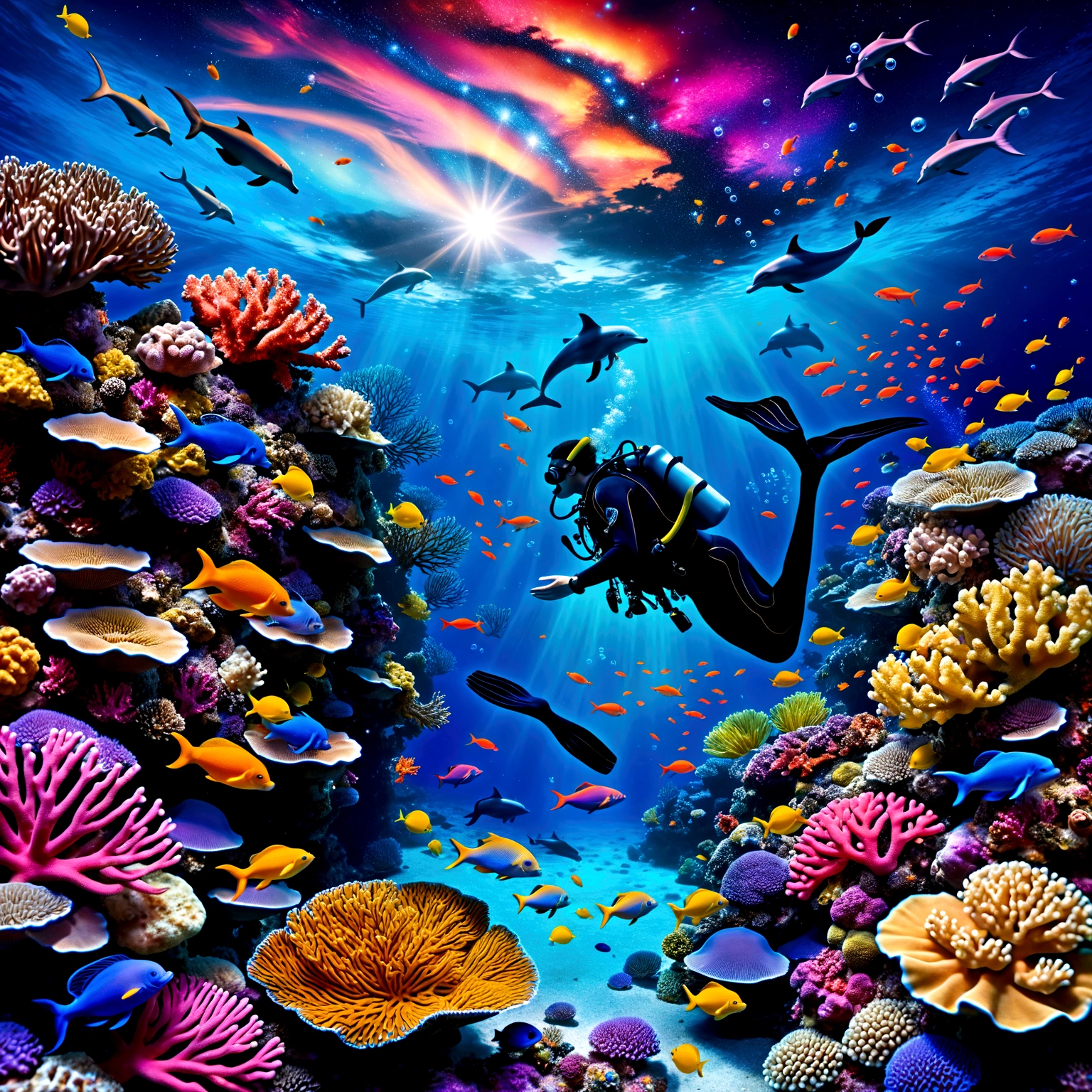 the image showcases a hyper-realistic and fantastical style, blending elements of underwater photography with digital art touches.(( A detailed diver in full gear explores a vibrant coral reef )), surrounded by multicolored fish that emit pulsating lights. (( Small bioluminescent creatures dance around the diver, leaving luminous trails behind them )). only one dolphin, gracefully leaping above the water toward the upper center of the image, leaves a trail of stardust in its wake. ( Ethereal bubbles reflecting the cosmic sky gently float around the underwater scene ), while bioluminescent orbs drift in the water, emitting a soft bluish light and creating mystical reflections. The dense and colorful coral reef occupies much of the center of the image, while the background shows a transition between the ocean and a spectacular starry sky, with luminous galaxies and nebulae. Silhouettes of mythical creatures, such as mermaids or aquatic dragons, can be seen in the background. The depth of field is vast, allowing for clear sharpness of both near and distant elements, giving a sense of immensity and depth to the image. Dominant colors include deep blues of the ocean, vibrant oranges and yellows of the fish, and purples and pinks of the galaxies and corals. These contrasting colors enhance the fantastical and dreamlike quality of the image. The composition follows a diagonal from the bottom left to the top right, guiding the viewer's eye from the diver and corals to the dolphin and the cosmic sky. This diagonal reinforces the dynamism of the scene. Finally, a shimmering mist envelops the scene, giving it an ethereal quality, almost like a dream.