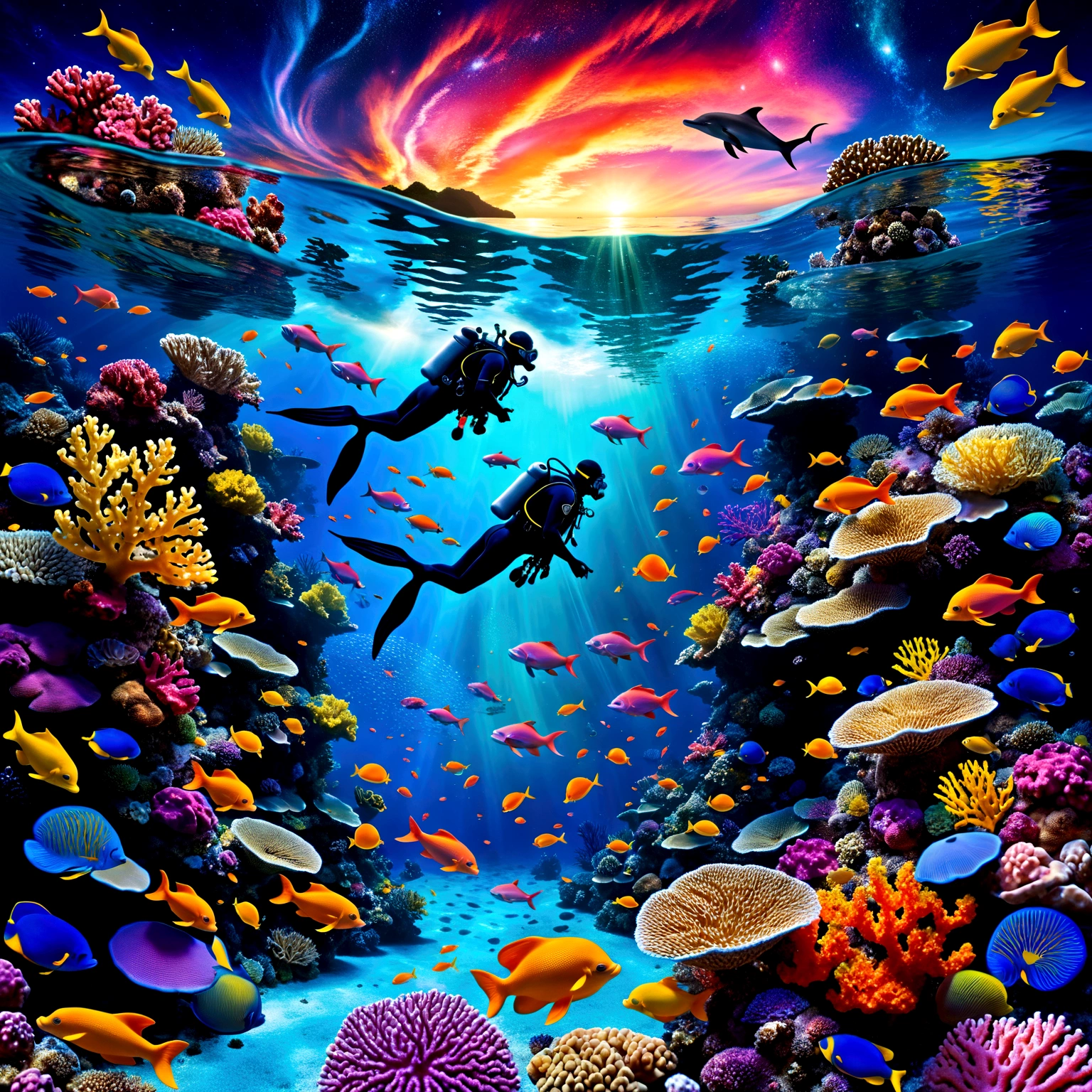 the image showcases a hyper-realistic and fantastical style, blending elements of underwater photography with digital art touches.(( A detailed diver in full gear explores a vibrant coral reef )), surrounded by multicolored fish that emit pulsating lights. (( Small bioluminescent creatures dance around the diver, leaving luminous trails behind them )). only one dolphin, gracefully leaping above the water toward the upper center of the image, leaves a trail of stardust in its wake. ( Ethereal bubbles reflecting the cosmic sky gently float around the underwater scene ), while bioluminescent orbs drift in the water, emitting a soft bluish light and creating mystical reflections. The dense and colorful coral reef occupies much of the center of the image, while the background shows a transition between the ocean and a spectacular starry sky, with luminous galaxies and nebulae. Silhouettes of mythical creatures, such as mermaids or aquatic dragons, can be seen in the background. The depth of field is vast, allowing for clear sharpness of both near and distant elements, giving a sense of immensity and depth to the image. Dominant colors include deep blues of the ocean, vibrant oranges and yellows of the fish, and purples and pinks of the galaxies and corals. These contrasting colors enhance the fantastical and dreamlike quality of the image. The composition follows a diagonal from the bottom left to the top right, guiding the viewer's eye from the diver and corals to the dolphin and the cosmic sky. This diagonal reinforces the dynamism of the scene. Finally, a shimmering mist envelops the scene, giving it an ethereal quality, almost like a dream.