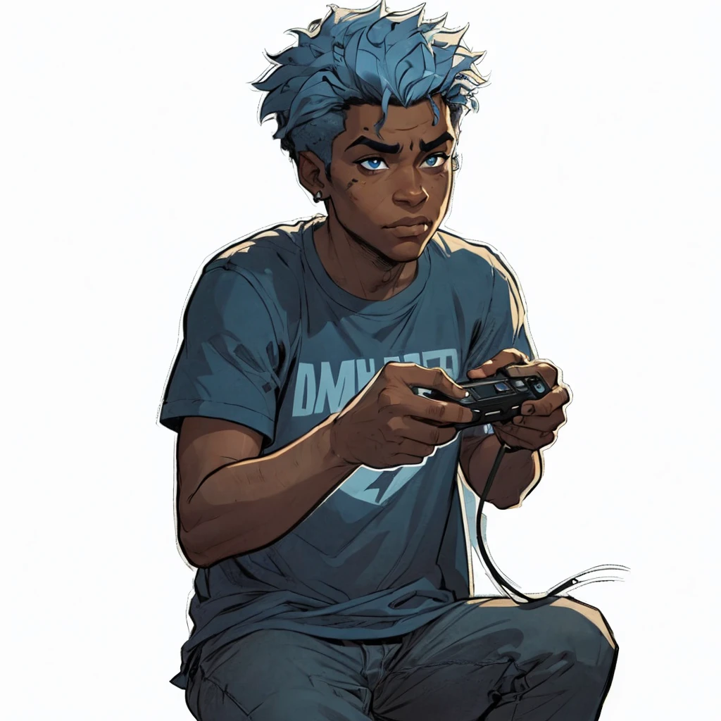 a black ager with black and blue hair, a blue mark on the right eye, right eye is light blue and the left eye is dark blue, with a look of boredom, a scar above the nose, playing video game