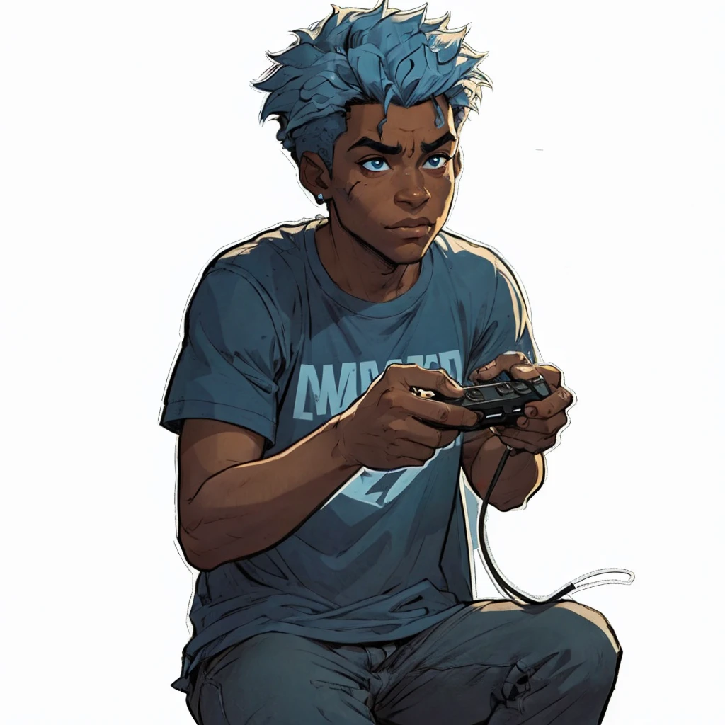 a black ager with black and blue hair, a blue mark on the right eye, right eye is light blue and the left eye is dark blue, with a look of boredom, a scar above the nose, playing video game