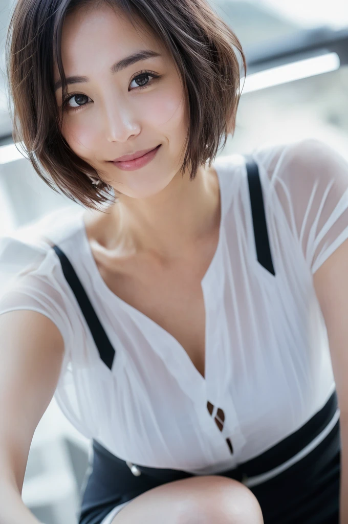 You are a professional photographer。future、Beautiful Eyes、 ((Highest quality)), Clear contours, Woman with beautiful face, (((One Girl,alone))), ((Beautiful Eyes)), Sex Appeal,Albedo and Specular Maps、Accurate simulation of lightweight material interactions、A woman taking a photo in an innovative outfit, Light Smile、perfect body,Very Short Hair,Thighs,Business Lady