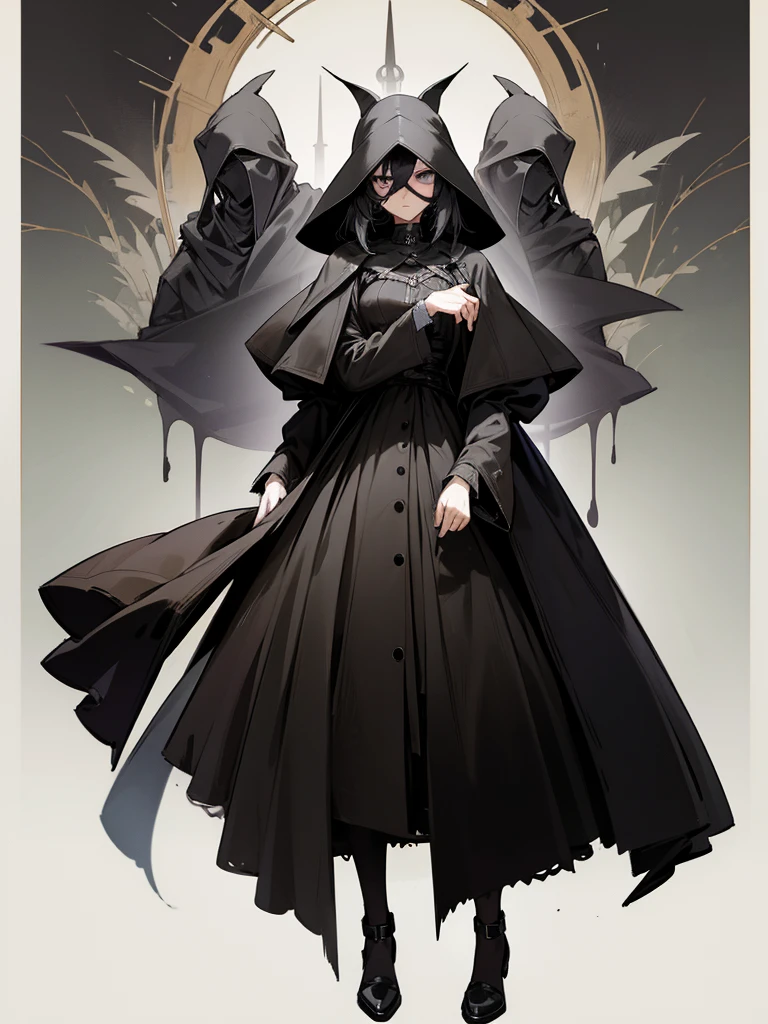 A female plague doctor. She would have totally black hair, her hair is short and messy. Her eyes would also be black and she would be very tall, having the appearance and stature of an adult. Her clothes would cover her entire body except for her face.