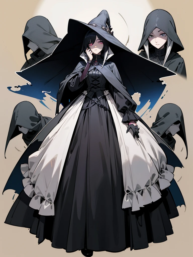 A female plague doctor. She would have totally black hair, her hair is short and messy. Her eyes would also be black and she would be very tall, having the appearance and stature of an adult. Her clothes would cover her entire body except for her face.