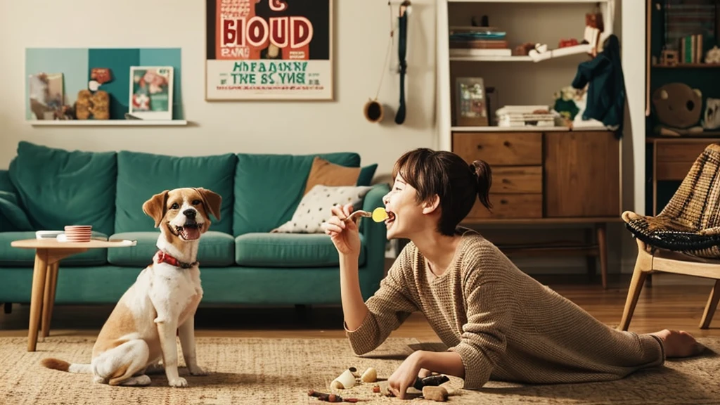 Image: A living room with a cookie jar on a table. A dog (Buddy) is standing on its hind legs, reaching for the jar with a mischievous grin. Meanwhile, a  (Sam) is sneaking up behind Buddy with a playful expression, holding a "Wanted: Cookie Thief" poster. In the background, a parent (Mom) is peeking around the corner, stifling a laugh.
Text: Sam's speech bubble: "Aha! Caught you red-handed, Buddy!". Buddy's thought bubble: "Who, me? Just doing a taste test!". Caption at the bottom: "The Cookie Thief... Busted!"