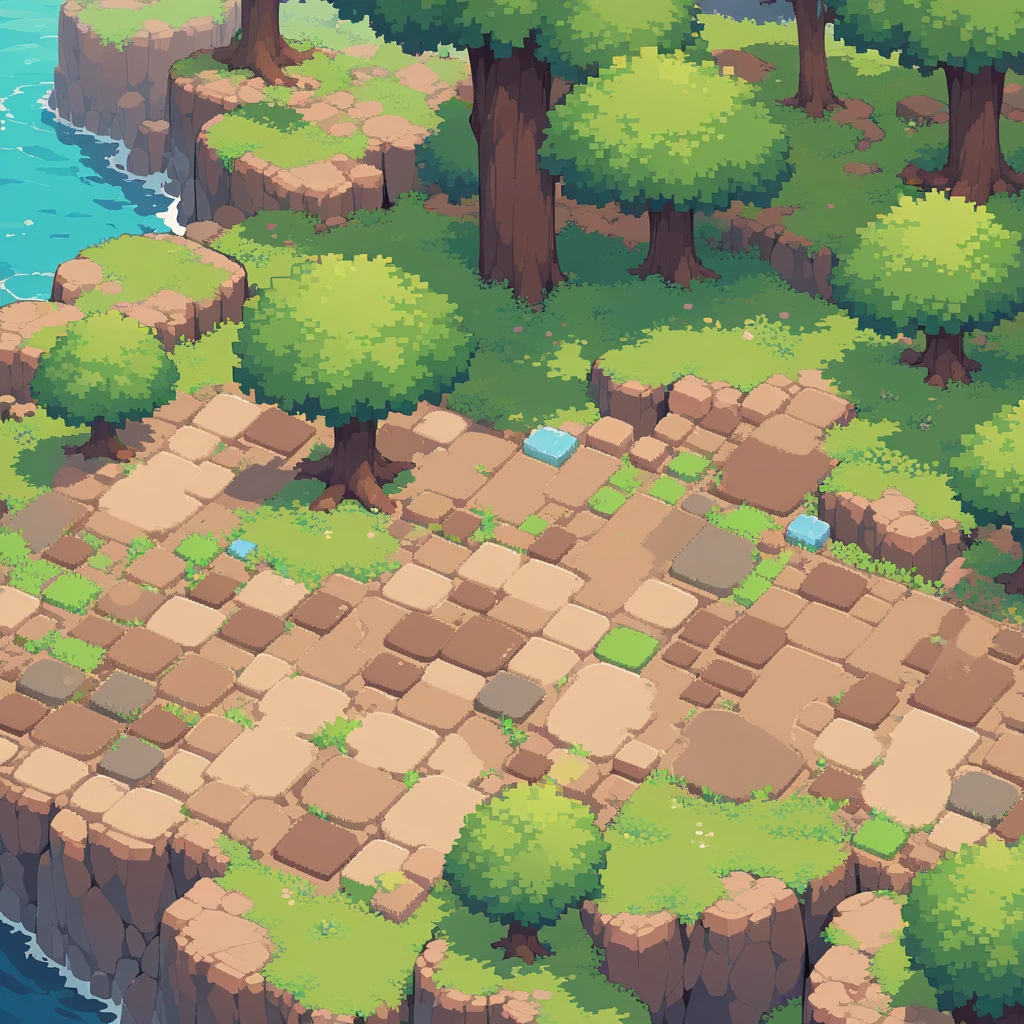 retro video game style,pixelated pastel colors,8-bit characters,blocky shapes,sharp lines,detailed shading,classic gaming vibe,nostalgic atmosphere,classic arcade games,masterpiece:1.2,ultra-detailed,illustration style, 2d texture, stone texture, 4 k seamless mud texture, video game texture, dirt texture, tileset, game tiles, grass, 3/4th perspective trees, tileable cliff, cliff texture tileset, 3/4th perspective forest, topdown view, game texture, game art, dirt, , tileable texture, top down view, 3/4th perspective