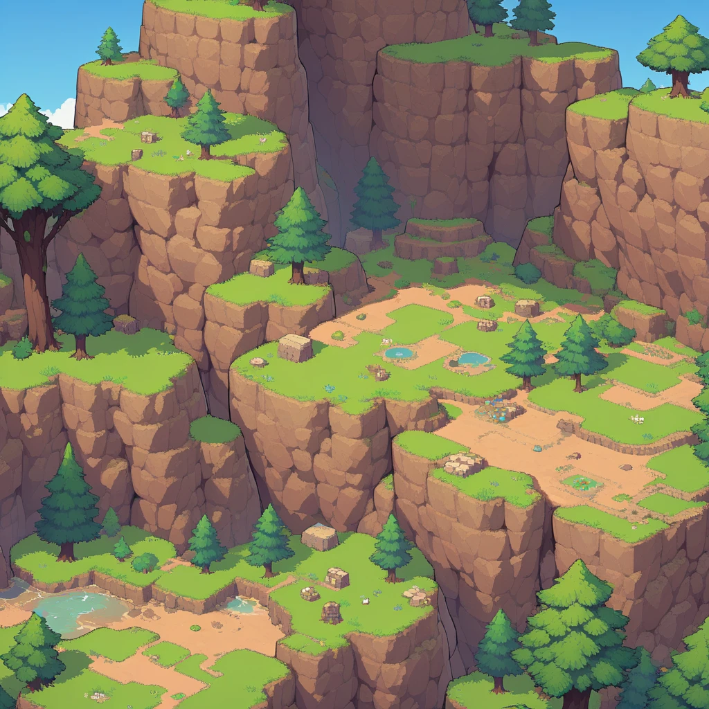 retro video game style,pixelated pastel colors,8-bit characters,blocky shapes,sharp lines,detailed shading,classic gaming vibe,nostalgic atmosphere,classic arcade games,masterpiece:1.2,ultra-detailed,illustration style, 2d texture, stone texture, 4 k seamless mud texture, video game texture, dirt texture, tileset, game tiles, grass, 3/4th perspective trees, tileable cliff, cliff texture tileset, 3/4th perspective forest, topdown view, game texture, game art, dirt, , tileable texture, top down view, 3/4th perspective