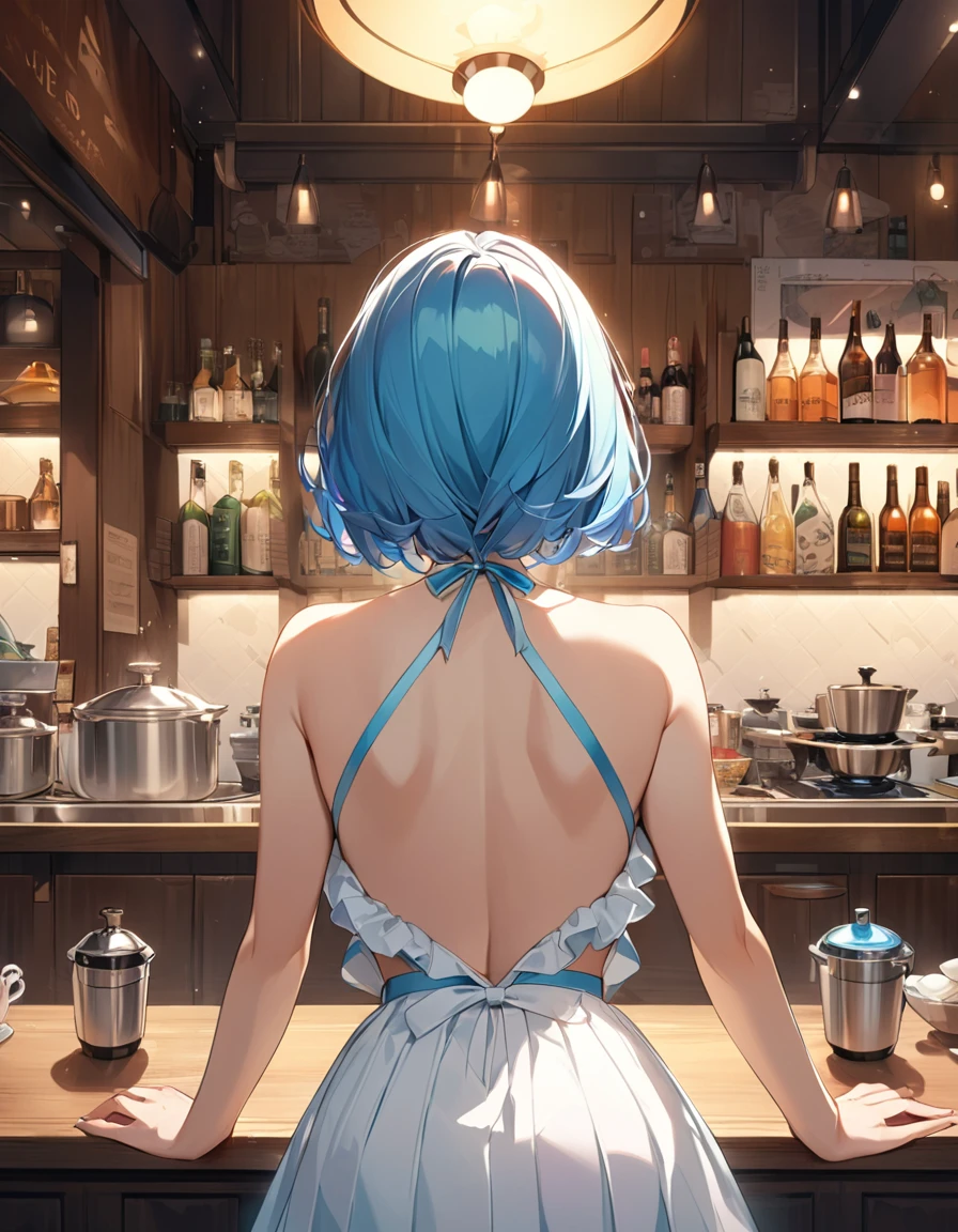 (Highest qualityのイラスト:1.2), (pretty girl:1.1), (1 girl、17 years old、Highest qualityのイラスト:1.2), (1 girl、smile、Beautiful breasts、Very detailedな目:1.2)、Bright blue hair、Short Bob Hair、(Highest quality、Very detailed、Very detailed and beautiful、Ultra-high resolution) 、Stylish cafe、waitress、Cute outfits with frillaid Style、Coordination of white and light blue、from behind, hip focus