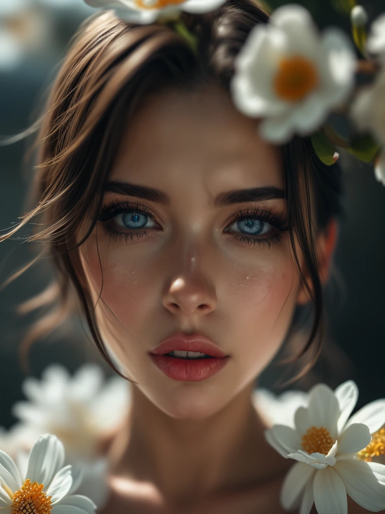 (((Ultra-realistic))), (artistic realization), (ultra-detailed face and eyes: 1.4), 1 girl, (brunette) , (naked) , (thick tousled hair), Detailed eyes, (large detailed lips) , makeup, (Natural breasts). (( many sakura flowers around, close-up, close to the camera)), Dark atmosphere of the frame, (ultra detailed)
