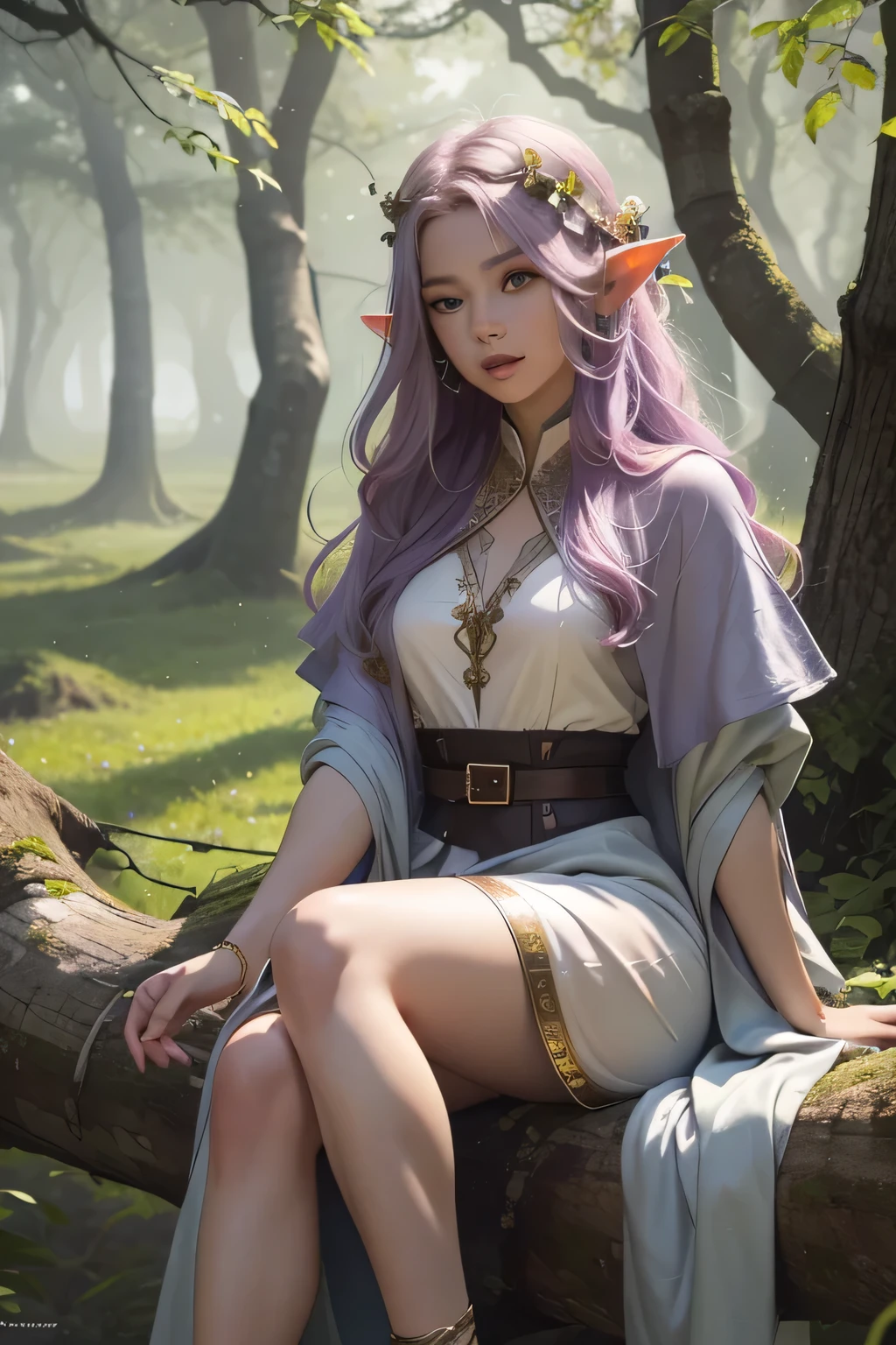 ((best qualityer)), ((work of art)), (detailded), high qualiy, 8K Ultra-HD, 1 A beautiful elf, Long silky light purple hair, elf ears, olhos amendoados, thin lips, Round face, sitting on a fallen tree trunk, wearing the clothes of an elf of the elven aristocracy, long robe, pure look, Perfect artwork, work of art, Character details, free and perfect scene ,clear lighting, detailed shadows 