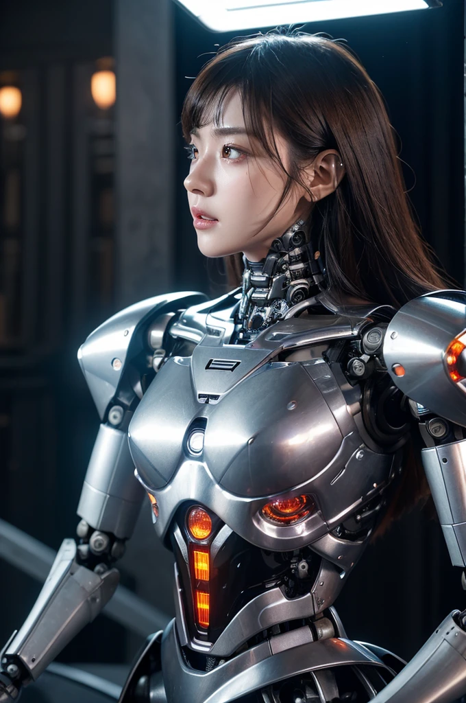 top-quality、masterpiece、超A high resolution、(Photorealsitic:1.4)、((a beauty girl:1.6)), 1 full-body cyborg girl、sixteen years old、NOhumans、((The skin part is only the face)), Luminous Eyes、((Lots of split metal chest protectors)), Metal Robot、((The whole body is the body of a combat robot))、((Body parts are robot parts:1.8))、((The internal mechanisms of the chest are exposed)), ((Mechanical chest armor with LED indicators and meters)), Robot arms and legs、((Exposed metal skeleton of the abdomen))、Metal skeleton of the cervical region、Under repair、destroyed body、Metal Mechanical Bra、Full Body Metal Skin、Metal bodysuit、Metal scales covering the whole body、body made of metal、Whole body metal、a beauty girl、prosthetic hand、artificial leg、Full body cyborg、Exposed metal skeleton、Asian Beauty、cyberpunked、steampunc、Inside the futuristic space battleship、laboratory、Complex 3d rendering beautiful porcelain profile ultra detailed female type android face、dark brown hair、glowy skin、((super realistic details))、portlate、globalillumination、Shadow、octan render、metals、Details of complex ornaments、Japan details、highly intricate detail、Realistic light、CGSoation Trends、a purple eye、radiant eyes、Facing the camera、neon detailechanical limbs、blood vessels connected to tubeechanical vertebrae attached to the back、mechanical cervical attaching to neck、sitting on、Wires and cables connecting to the head、Gundam、Small LED lamp、masterpiece、 Metal Robot、body made of metal、Whole body metal、prosthetic hand、artificial leg、Full body cyborg、Exposed metal skeleton、Asian Beauty、cyberpunked、steampunc、Futuristic cities、laboratory、Complex 3d rendering beautiful porcelain profile super detailed female android face、cyborgs、roboticparts、150mm、beautiful studio soft light、Rim Lights、vibrant detail、luxuriouscyberpunk、Ren Hao、surrealistic、Anatomical、face muscles、cable electric wireicrochips、elegent、beatiful backgrounds、octan render、HR Giger Style、8K、top-quality、masterpiece、thigh gap