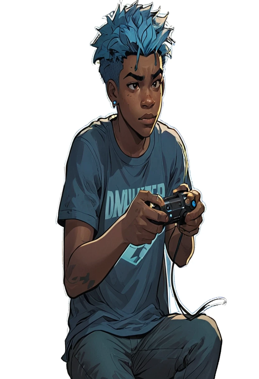 a black teenager with black and blue hair, a blue mark on the right eye, right eye is light blue and the left eye is dark blue, with a look of boredom, a scar above the nose, playing video game