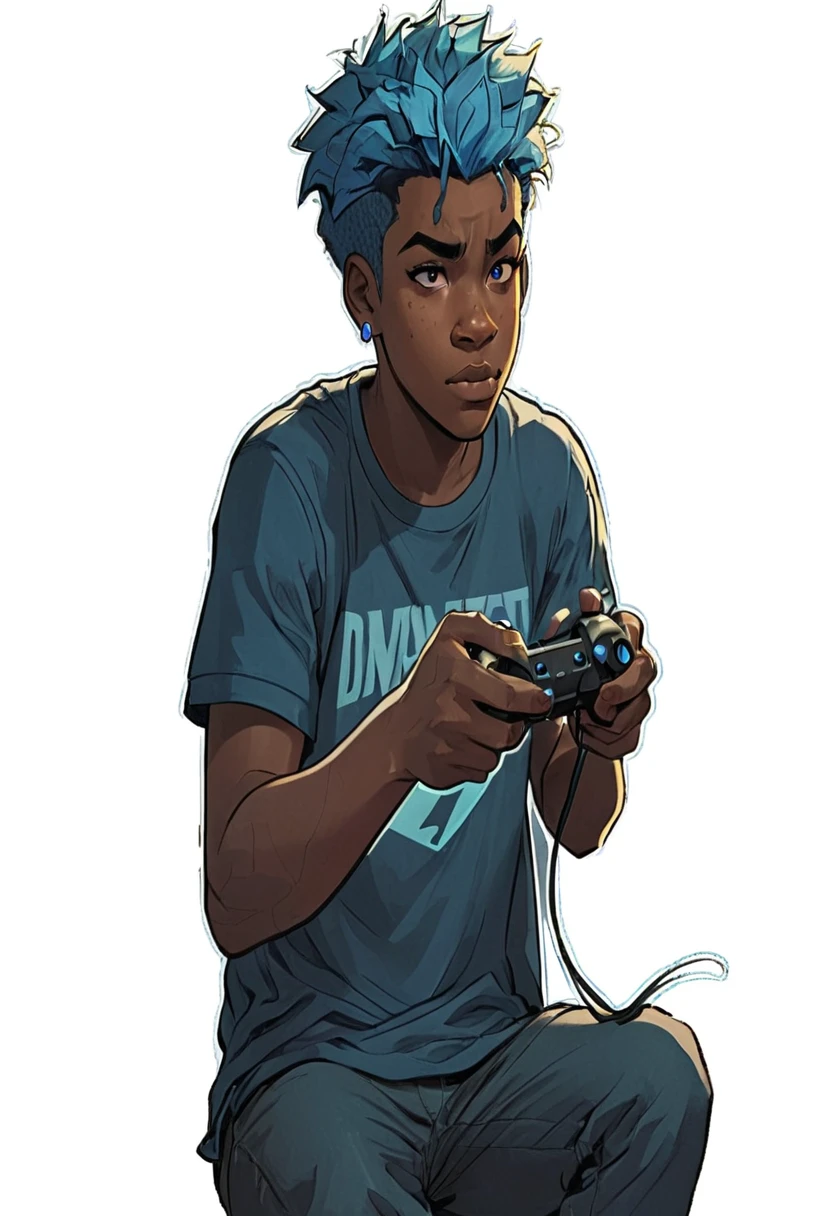 a black teenager with black and blue hair, a blue mark on the right eye, right eye is light blue and the left eye is dark blue, with a look of boredom, a scar above the nose, playing video game