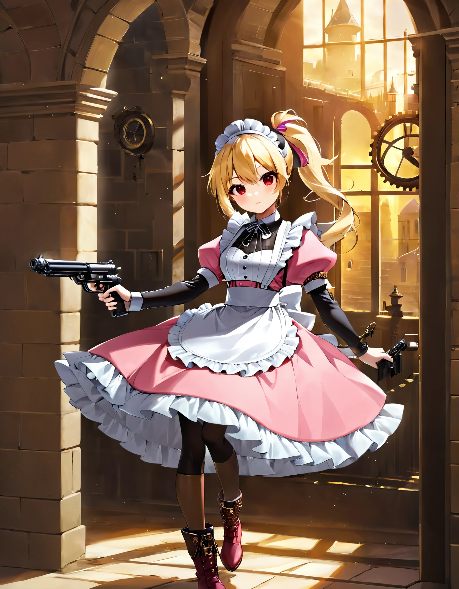 (best quality,4k,8k,highres,masterpiece:1.2),ultra-detailed, (1girl) A cute teenage gunslinger maid with red eyes, drawn in anime style, spiky light blonde hair in a long ponytail, victorian fashion, wearing a cute white maid dress with puffy sleeves, corset, tactical gear, light armour, petticoat, bloomers, a frilly headband, a frilly pink apron, high-heel boots, ribbons, wielding a gun, Beretta 92FS, steampunk style, guarding a castle hallway, extremely detailed eyes and face,longeyelashes,volumetric lighting,cinematic lighting,protective posture,dramatic close up,highly detailed texture,intricate details.