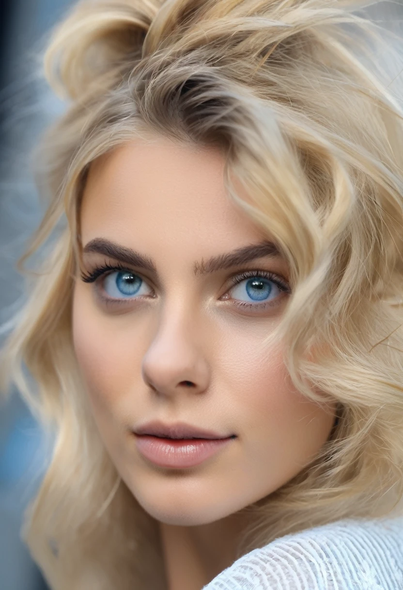 extremely réaliste french girl with blonde hair and blue eyes,belles lèvres et yeux détaillés, détaillé et ,peau imparfaite,peau texturée,Partie supérieure du corps,beaux cheveux blonds détaillés,porter un crop top nlanc , feste à rayures bleues, air force blanche , plan large de loin dans un mirroir