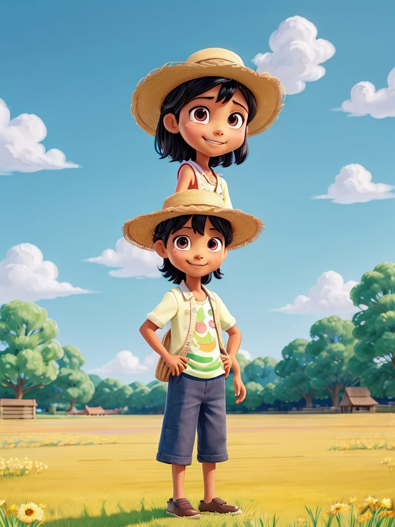 A wearing a straw hat standing in a field, 6 years old, A brilliant smile, Black hair, in the style of charming anime characters, fang lijun, tranquil scenes, official art, claborate - style painting, colorful animation stills, mural painting, 32k uhd, A strong ink wash style with tough lines