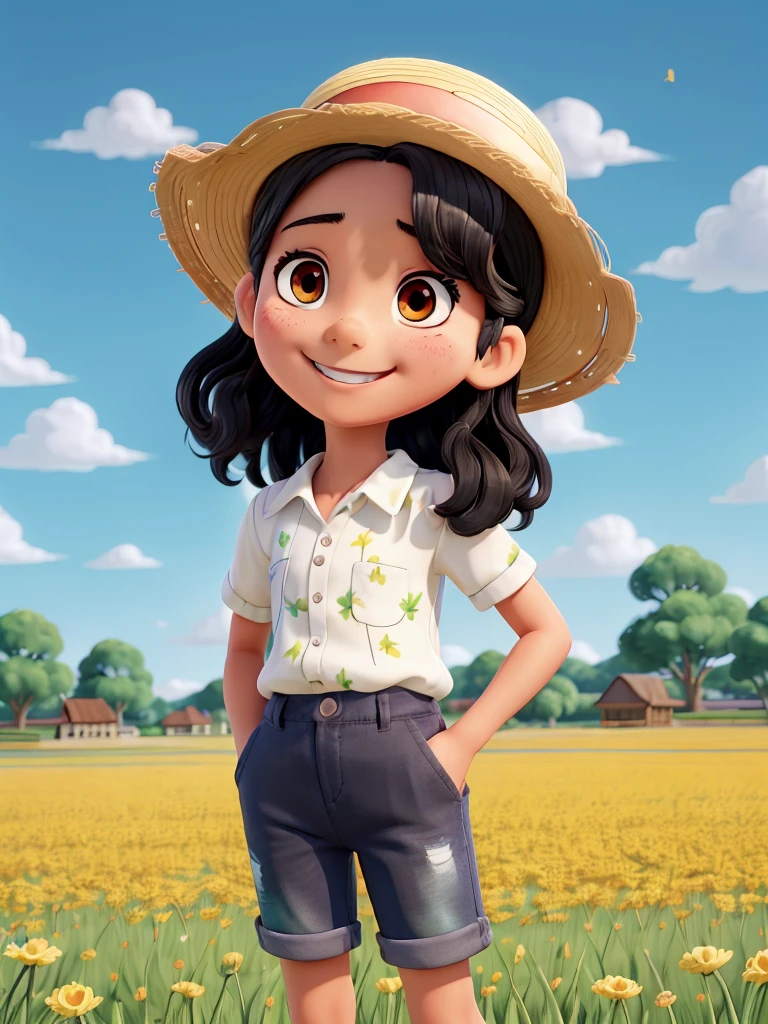 A wearing a straw hat standing in a field, , A brilliant smile, Black hair, in the style of charming anime characters, fang lijun, tranquil scenes, official art, claborate - style painting, colorful animation stills, mural painting, 32k uhd, A strong ink wash style with tough lines