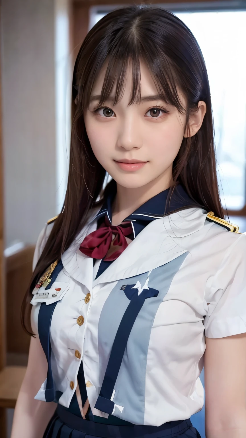 Beautiful young Japanese woman, Around 20 years old, Wear military uniform, Very detailedな, 8K resolution, とてもRealistic, Cinema Lighting, Highest quality, masterpiece, Realistic, Physically Based Rendering, Very detailed, Vibrant colors, Professional, Sharp focus, Studio Lighting.Standing facing forward,Bright smile