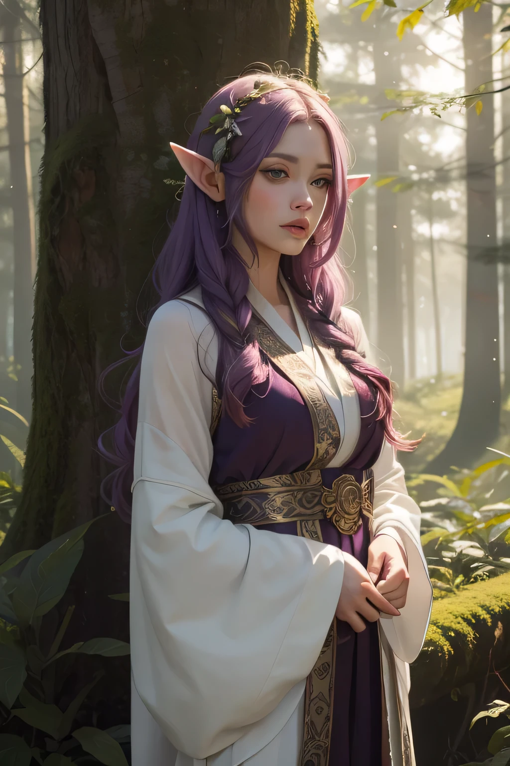 ((best qualityer)), ((work of art)), (detailded), high qualiy, 8K Ultra-HD, 1 A beautiful elf, rosto de Liv Tyler ,Long silky light purple hair, elf ears, olhos amendoados, thin lips, Round face, standing in the forest, vestindo long robe , clothes of an elf of the elven aristocracy, long robe, perfect hands, pure look, Perfect artwork, work of art, Character details, free and perfect scene ,clear lighting, detailed shadows