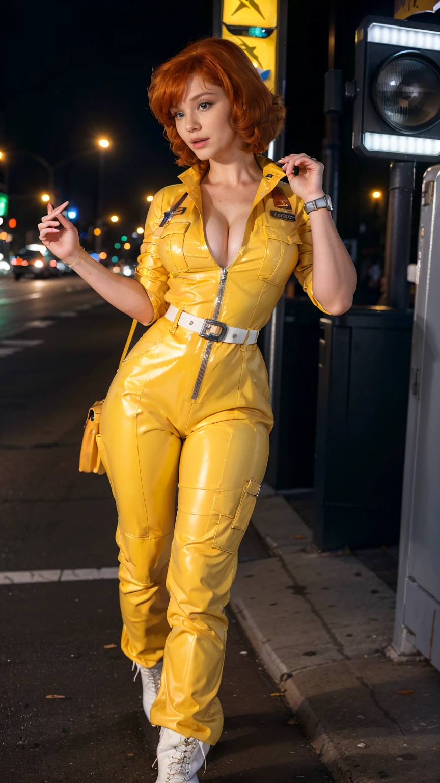 (masterpiece), (best quality), (solo character), (photorealistic:1.4), (chr1sh3n wearing white belt), (April O'Neil_v1 costume, jumpsuit), (yellow latex jumpsuit), (apriloneil white belt), (apriloneil boots), (aprilonei wearing watch), (epiCRealLife), (lora:epiCFlashPhoto), (red hair), (red lipstick), (brown eyes), (young woman), (flashphoto), (night time), (new york city street), (traffic light), (different camera angle shots), (look at viewers), (cowboy shots), (close up body), (walking), (close portrait),