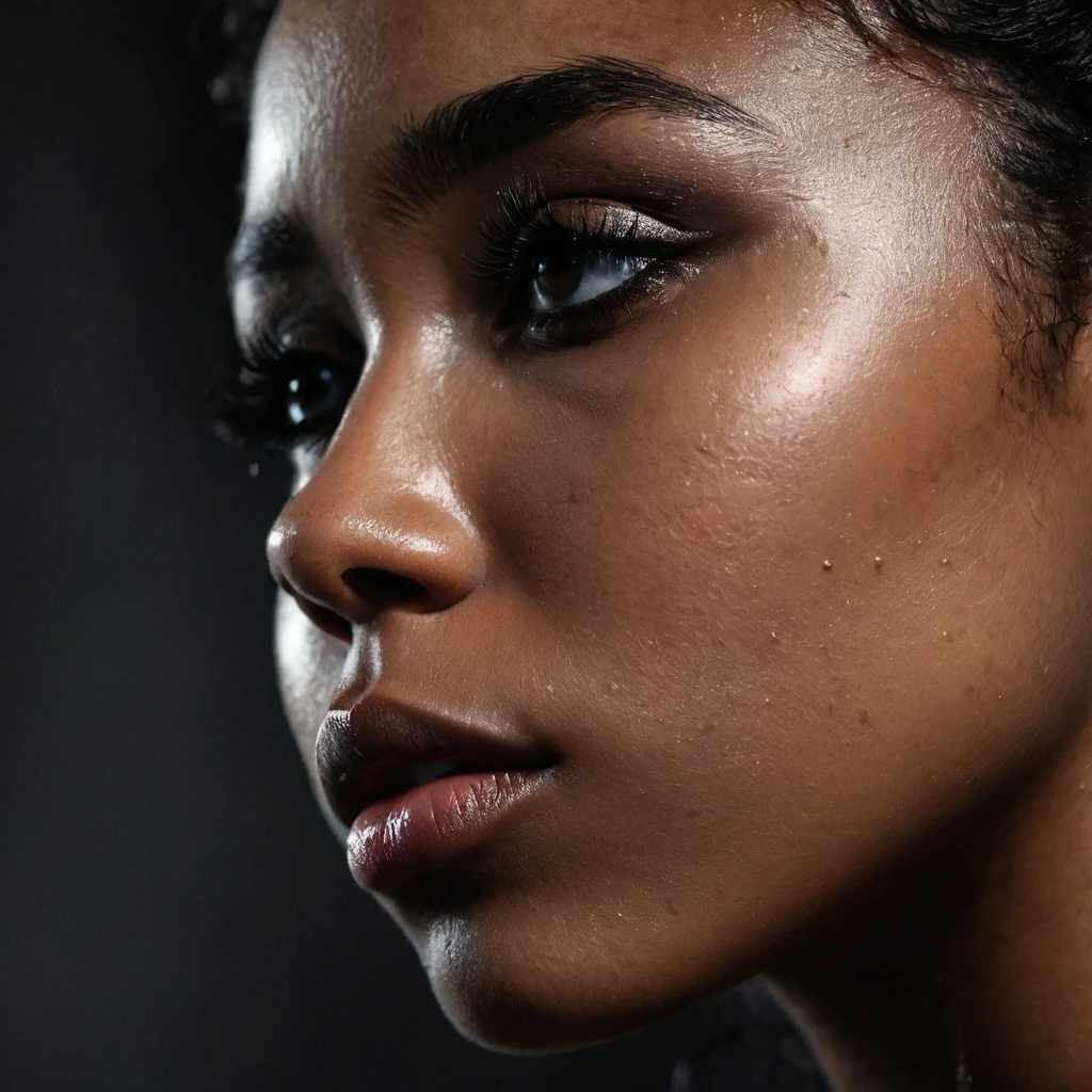 close up and zoomed in on a beautiful depressed very sad emotional sad crying black girl and a black background, sad, depressed, emotional, close up on side profile only showing cheek and eyelight falling on face, ???? photorealism, mysterious portrait of a woman, chiaroscuro portrait, close up on side profile, tinashe, zoe kravitz, zoomed in on tear drop, euphoria vibes, black and white, dark