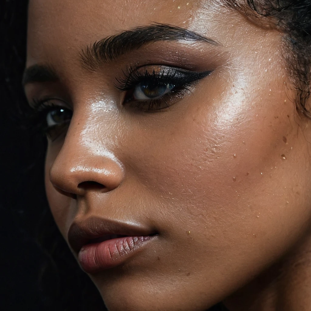 close up and zoomed in on a beautiful depressed very sad emotional sad crying black girl and a black background, sad, depressed, emotional, close up on side profile only showing cheek and eyelight falling on face, noir photorealism, mysterious portrait of a woman, chiaroscuro portrait, close up on side profile, tinashe, zoe kravitz, zoomed in on tear drop, euphoria vibes, black and white, dark