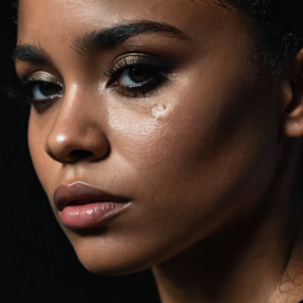 close up and zoomed in on a beautiful depressed very sad emotional sad crying black girl and a black background, sad, depressed, emotional, close up on side profile only showing cheek and eyelight falling on face, noir photorealism, mysterious portrait of a woman, chiaroscuro portrait, close up on side profile, tinashe, zoe kravitz, zoomed in on tear drop, euphoria vibes, black and white, dark
